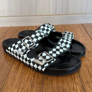 Givenchy Men’s Checkerboard Leather Buckle Slide Sandals, Black/White, EU42/US9